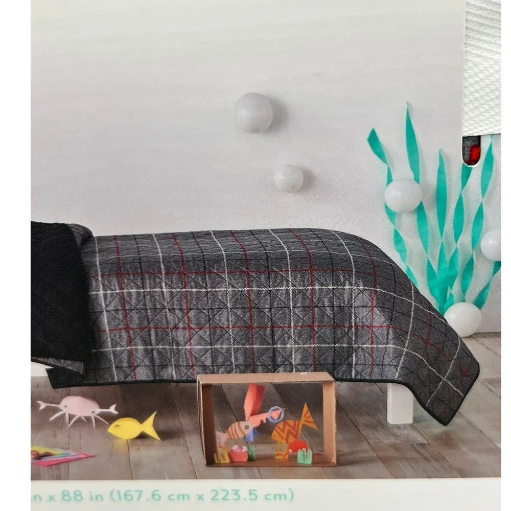 Pillowfort Plaid Quilt Twin Grey Brand New Diamond Quilted Red White Accents